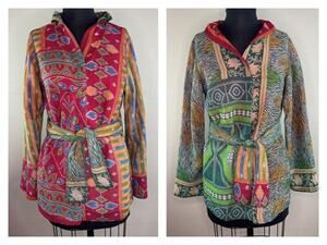 Mieko Mintz Vintage Cotton Multi Color Reversible Tie Jacket Art Wear S M L RARE
